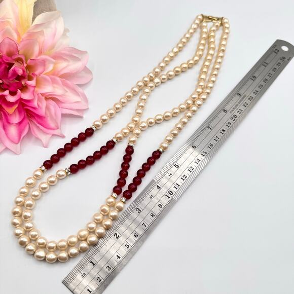 Vintage Faux Pearl Ivory Red Lucite Bead Double Strand Necklace Classic Romantic - Picture 12 of 14
